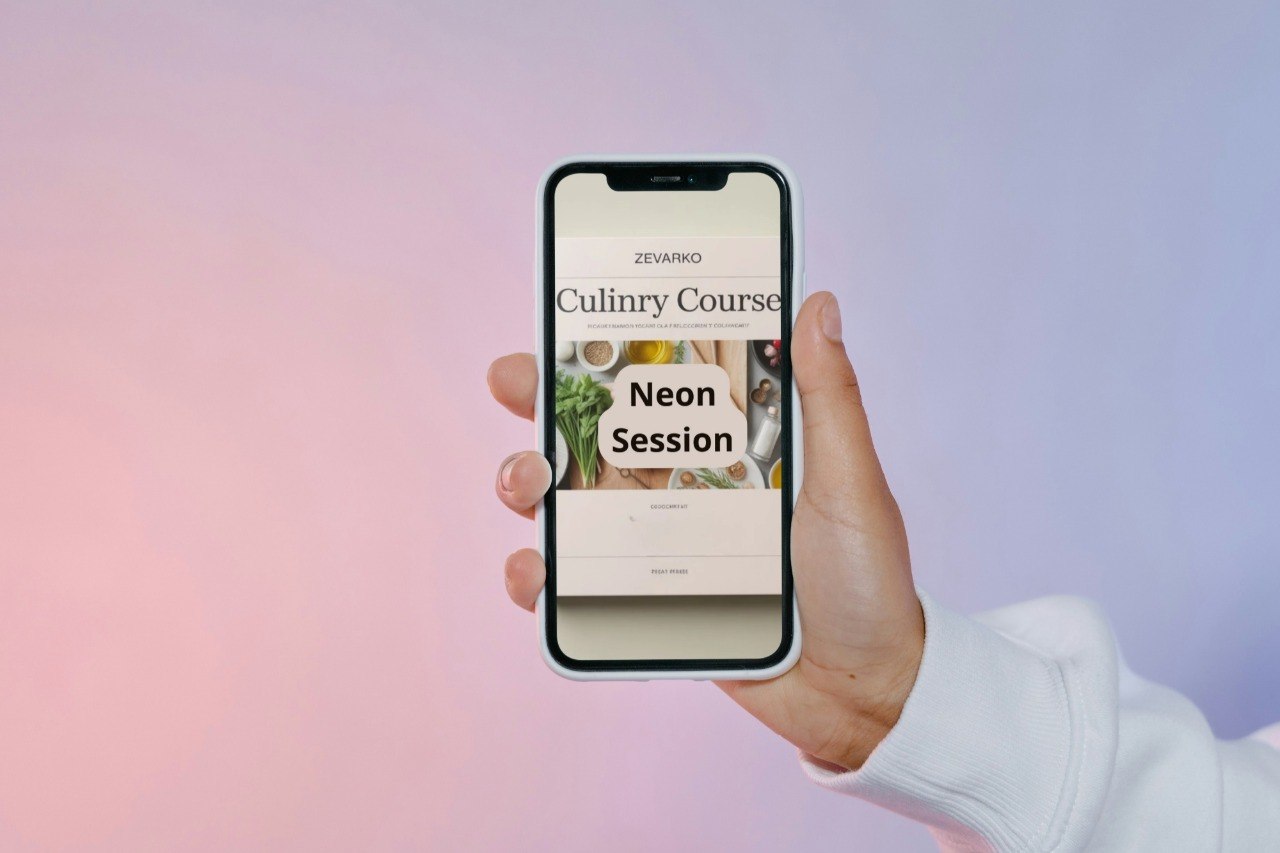 Hand holding a smartphone with a culinary course app on a gradient background