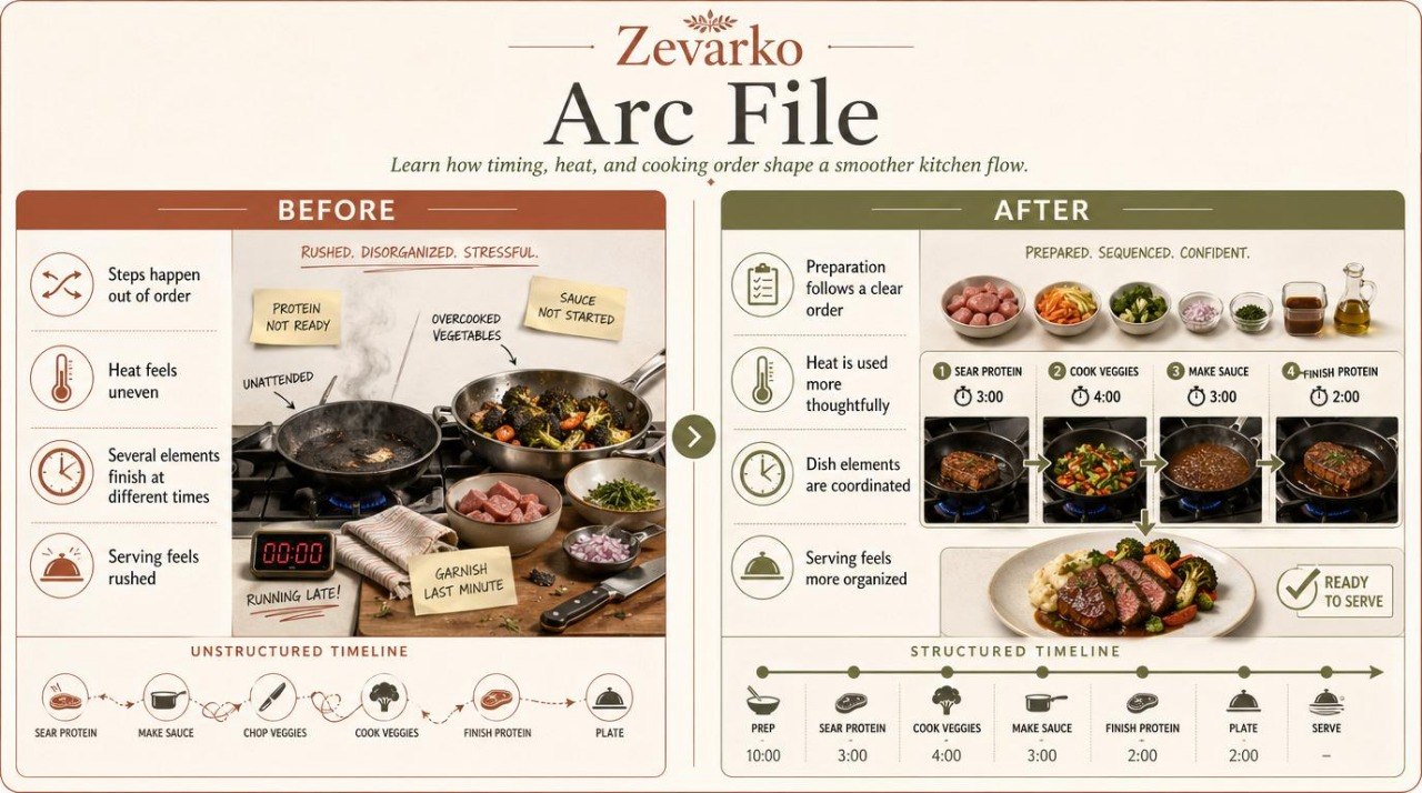 Comparison of kitchen workflow before and after using Zevarko Arc File software.