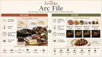 Comparison of kitchen workflow before and after using Zevarko Arc File software.