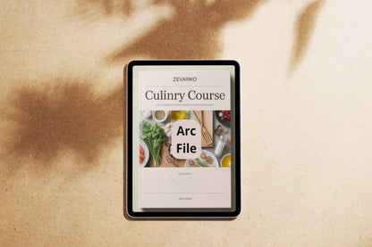 Tablet displaying a culinary course app on a textured surface