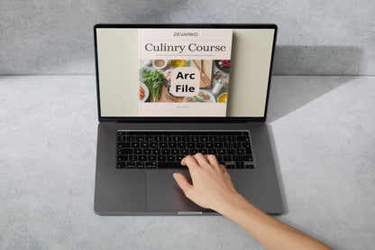 Person using a laptop with a Culinary Course book displayed on the screen.