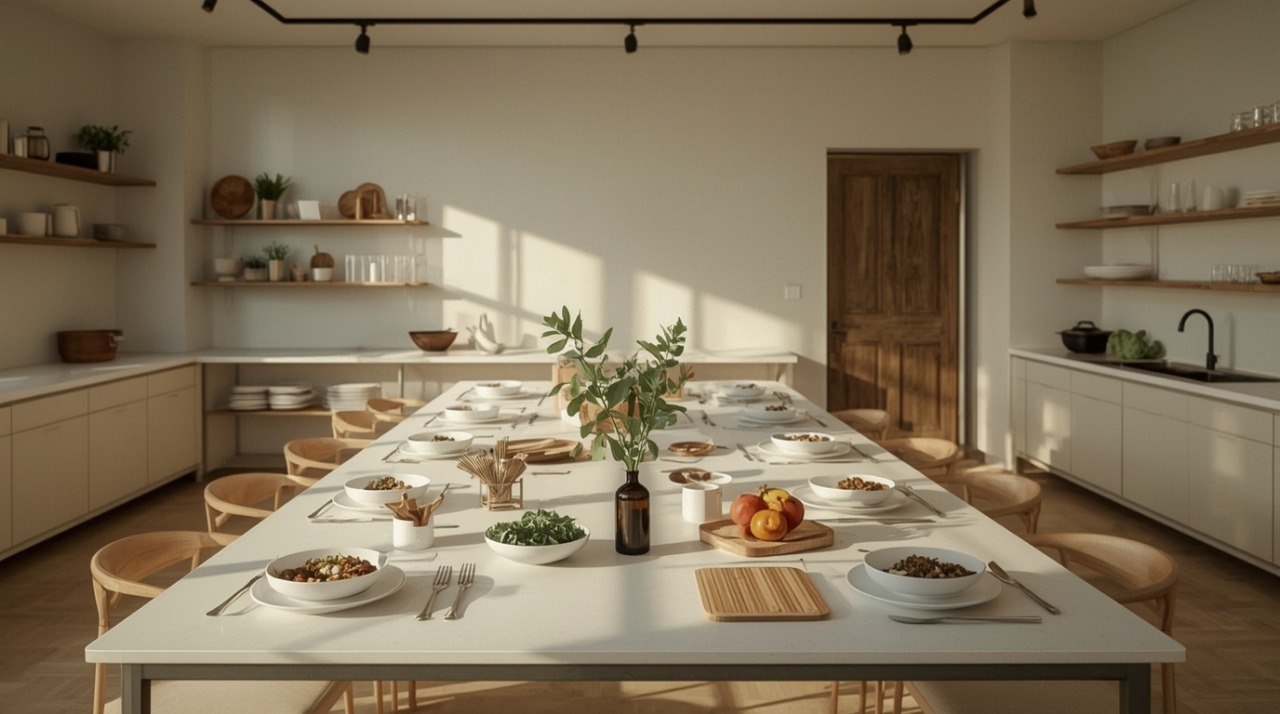 Modern kitchen with a long dining table set for a meal, natural light streaming in.