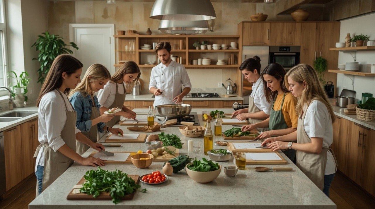 Group of people preparing food in a modern kitchen