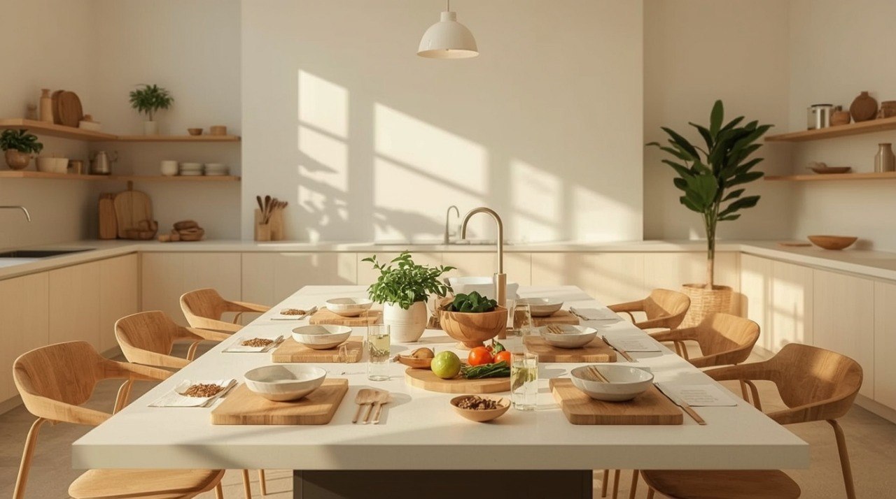 Modern kitchen with a dining table set for a meal, natural light streaming in.
