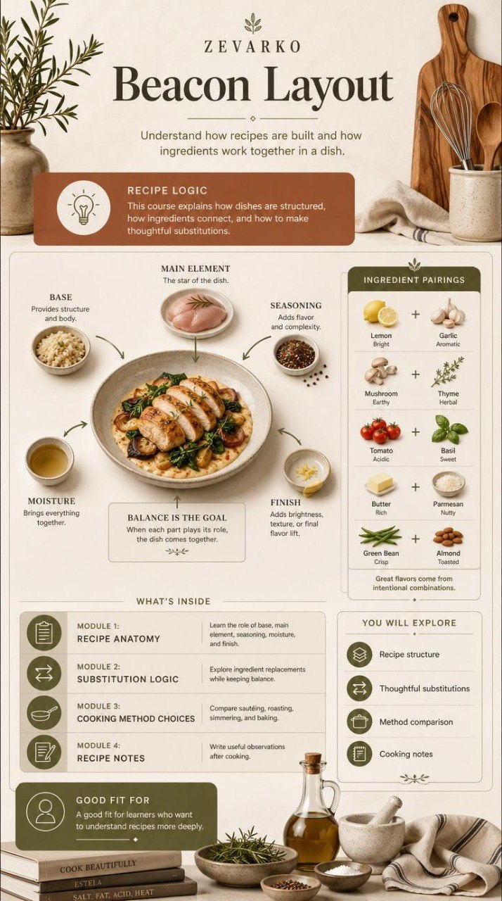 Zevarko Beacon Layout infographic on a neutral background with cooking elements.