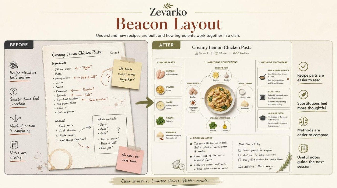 Zevarko Beacon Layout comparison of recipe structure before and after design changes.