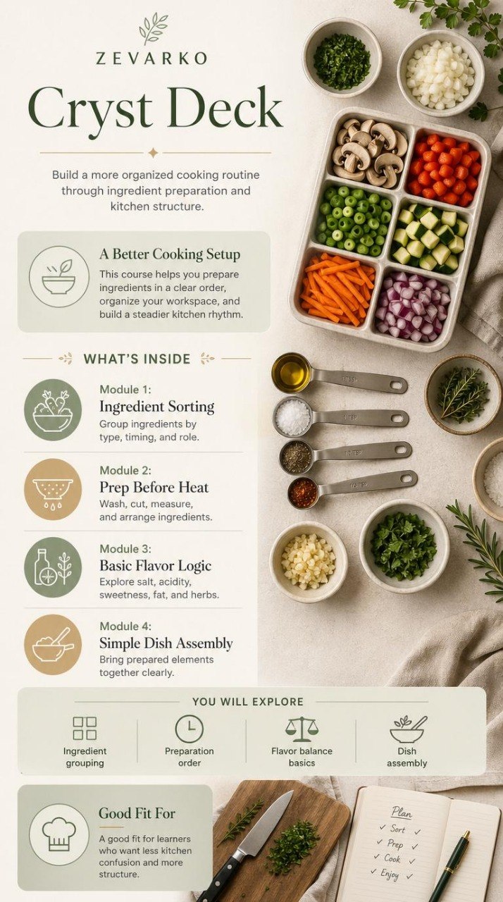Zevarko Cryst Deck cooking setup with ingredients, measuring cups, and a cutting board.