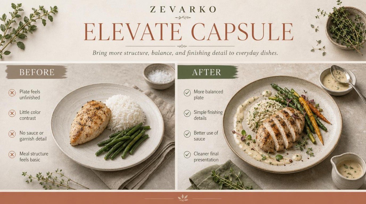 Before and after comparison of a plated dish with text about Zevarko Elevate Capsule.