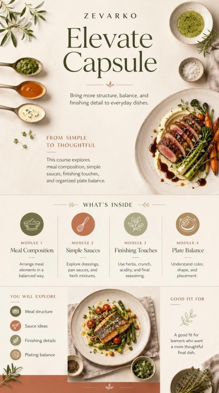 Zevarko Elevate Capsule course flyer with food images and text on a white background
