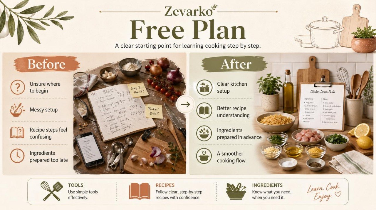 Comparison of a messy kitchen setup before and after using Zevarko's free plan for cooking.