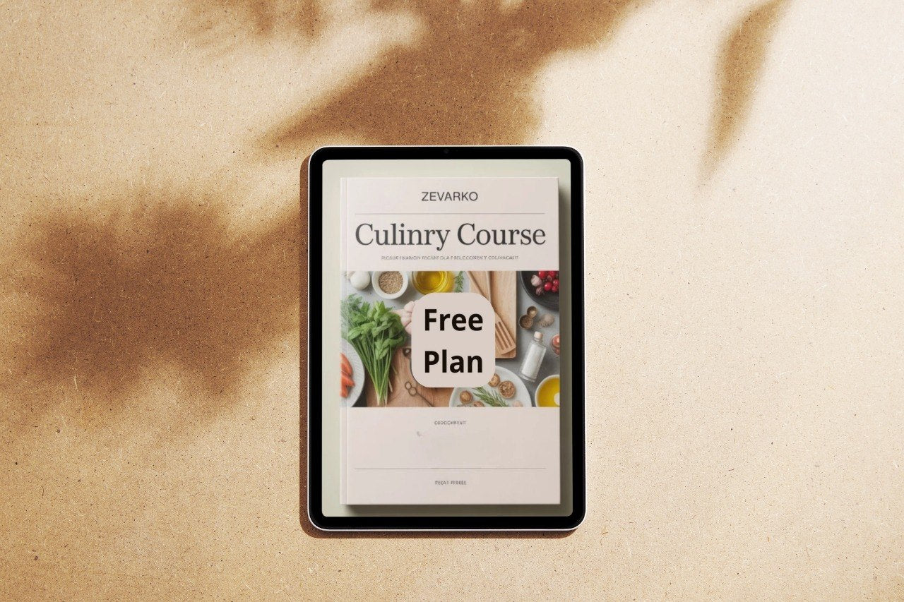 Tablet displaying a culinary course app on a textured surface