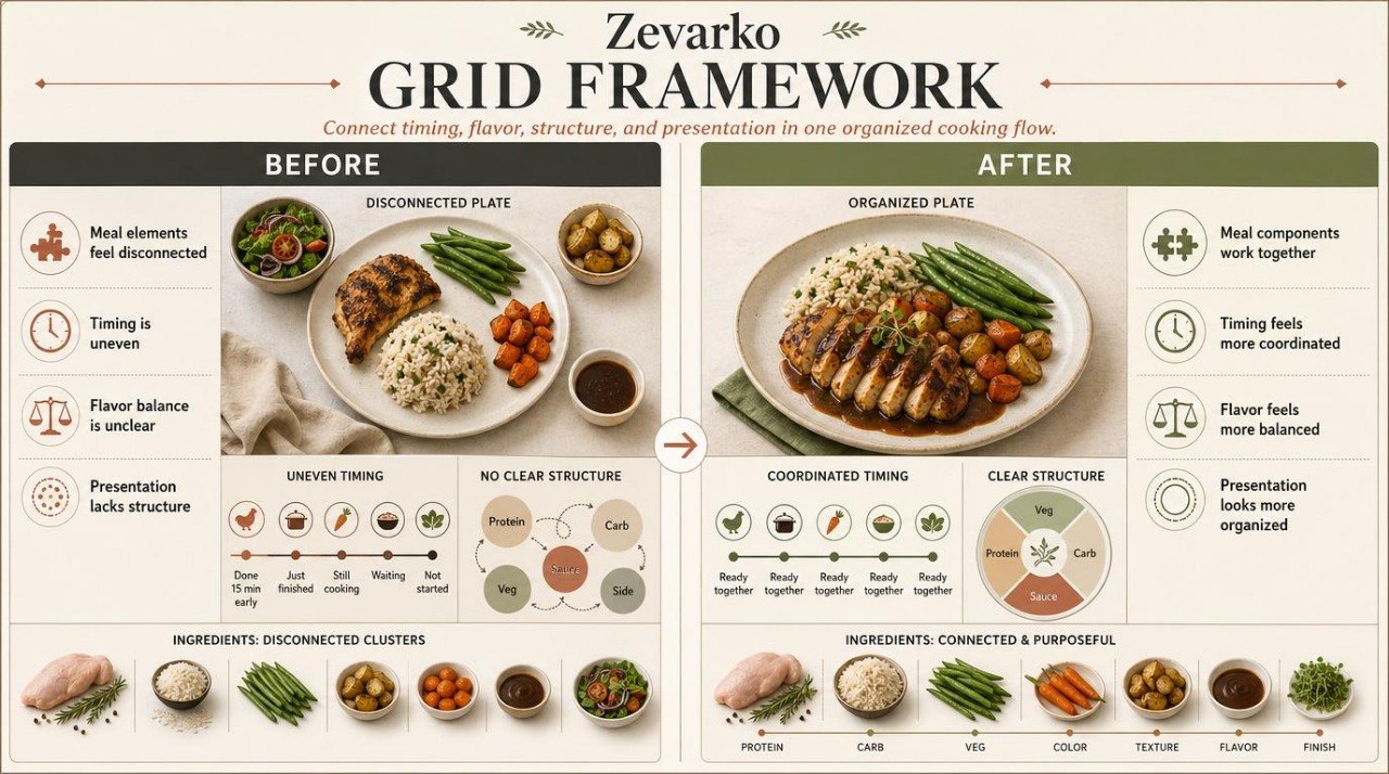 Zevarko Grid Framework comparison of 'Before' and 'After' meal elements on a plate.