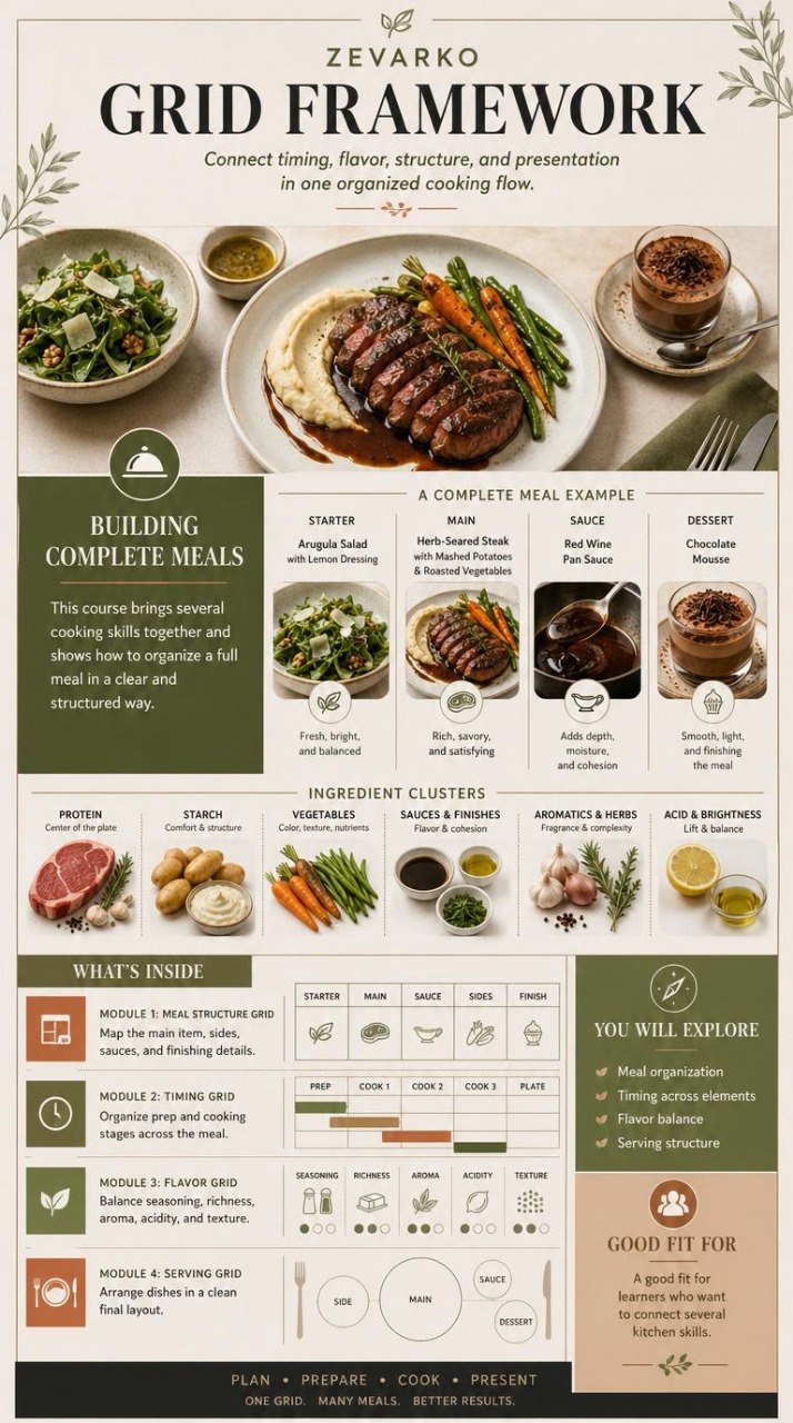 Zevarko grid framework for meal planning with text and images of food.