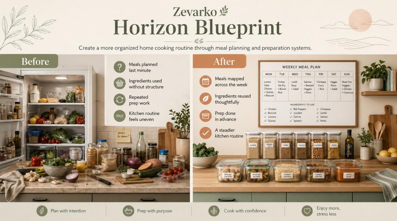 Before and after comparison of a kitchen setup with meal planning and preparation systems.