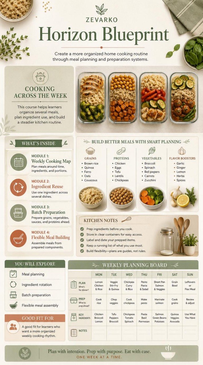 Zevarko Horizon Blueprint for meal planning and preparation with text and images of food containers and kitchen tools.