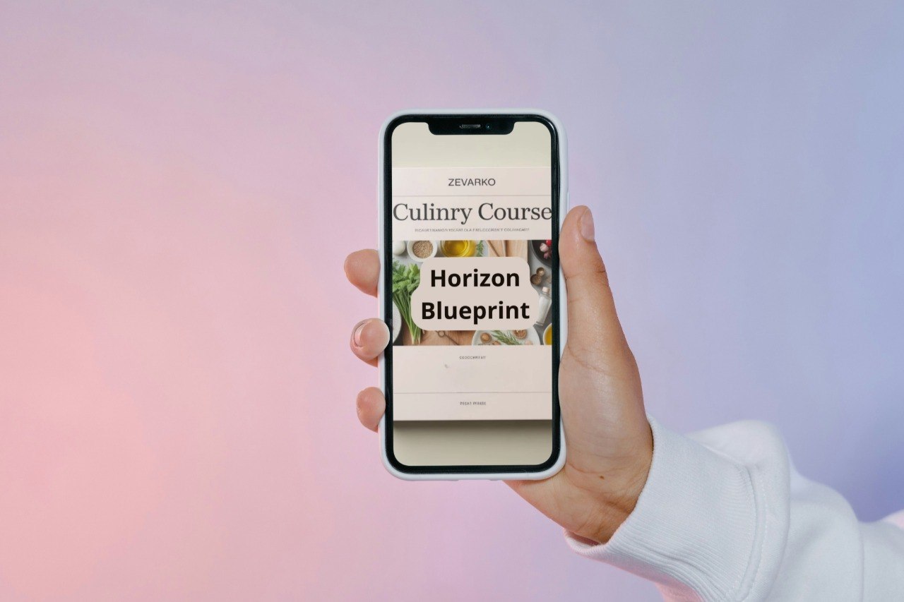Hand holding a smartphone with a culinary course app on a gradient background