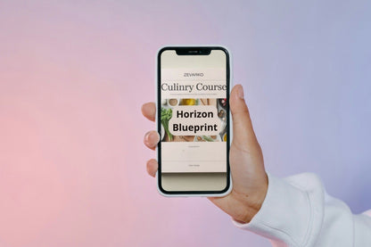 Hand holding a smartphone with a culinary course app on a gradient background
