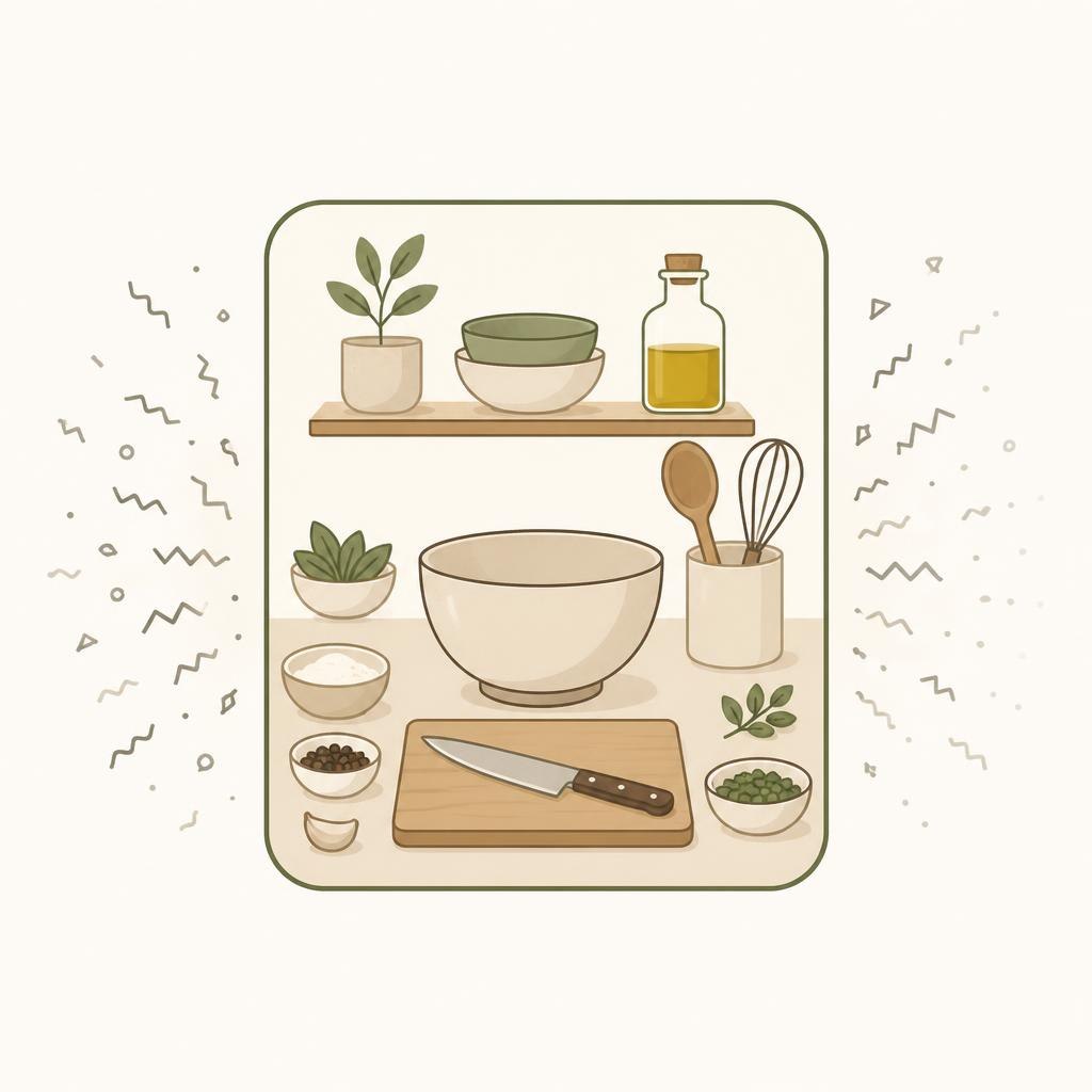Illustration of a kitchen counter with bowls, a cutting board, and utensils on a white background.