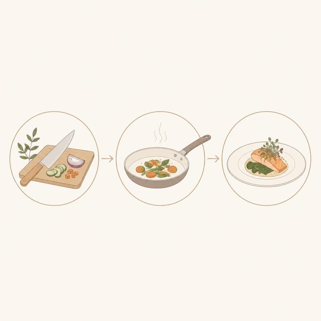 Illustration of a cooking process from ingredients to a dish on a white background