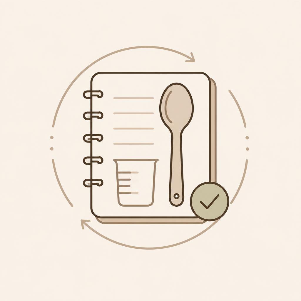 Illustration of a notebook with a spoon and measuring cup icon, surrounded by circular arrows on a beige background.