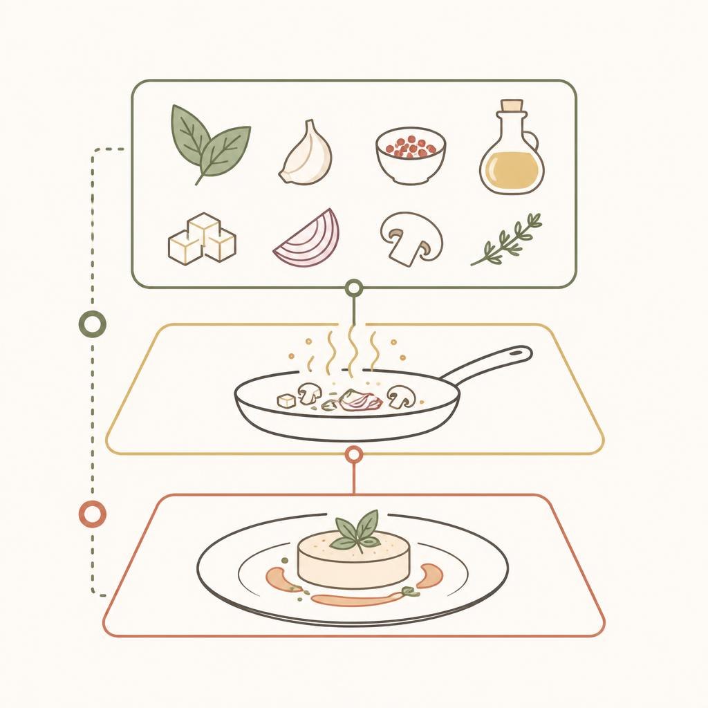 Illustration of a cooking process with ingredients, pan, and plated dish.
