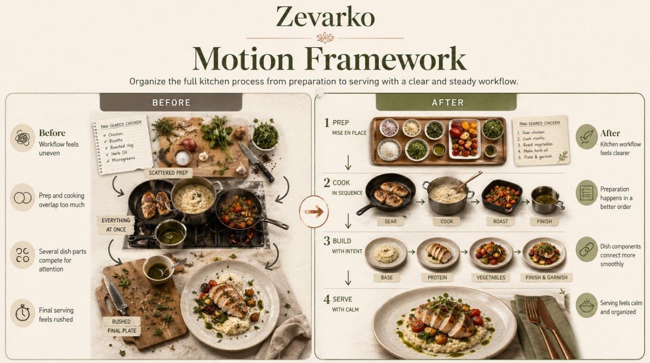 Zevarko Motion Framework diagram showing a before and after comparison of a full kitchen process.