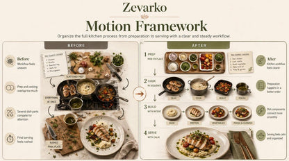 Zevarko Motion Framework diagram showing a before and after comparison of a full kitchen process.