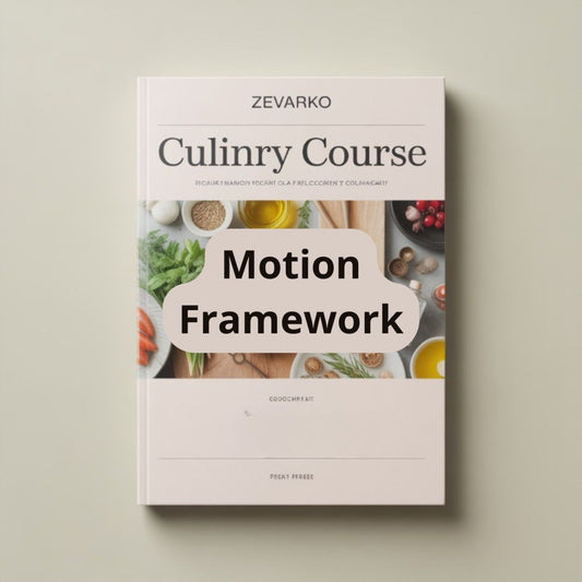 Book titled 'Culinary Course Motion Framework' by Zevarko on a light beige background