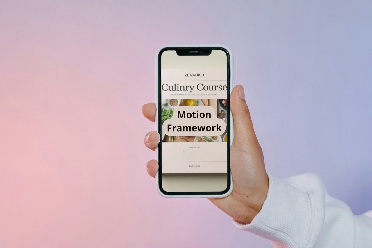 Hand holding a smartphone with a culinary course app on a gradient background