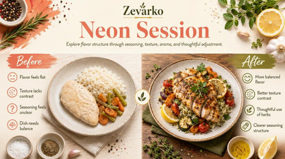 Before and after comparison of a meal with seasoning adjustments, featuring Zevarko Neon Session branding.