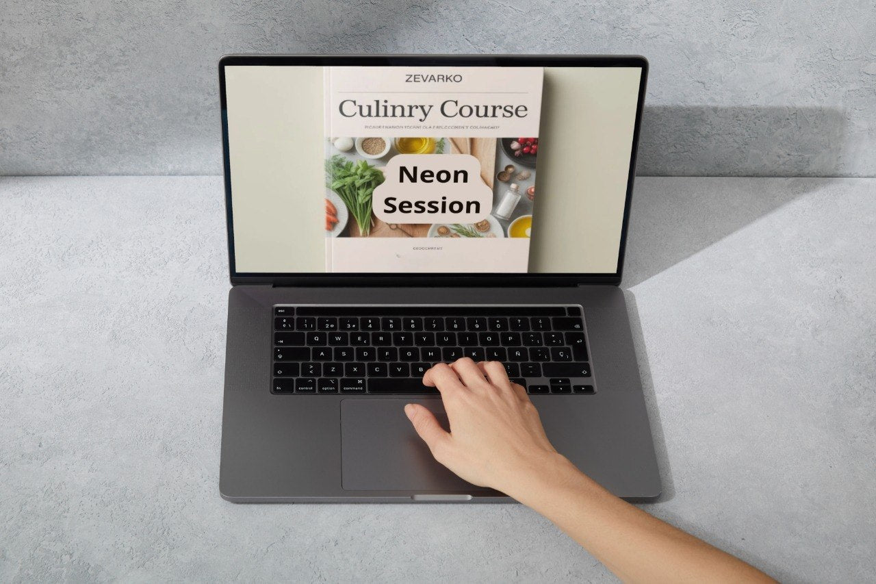 Person using a laptop with a Culinary Course on the screen, on a gray surface.