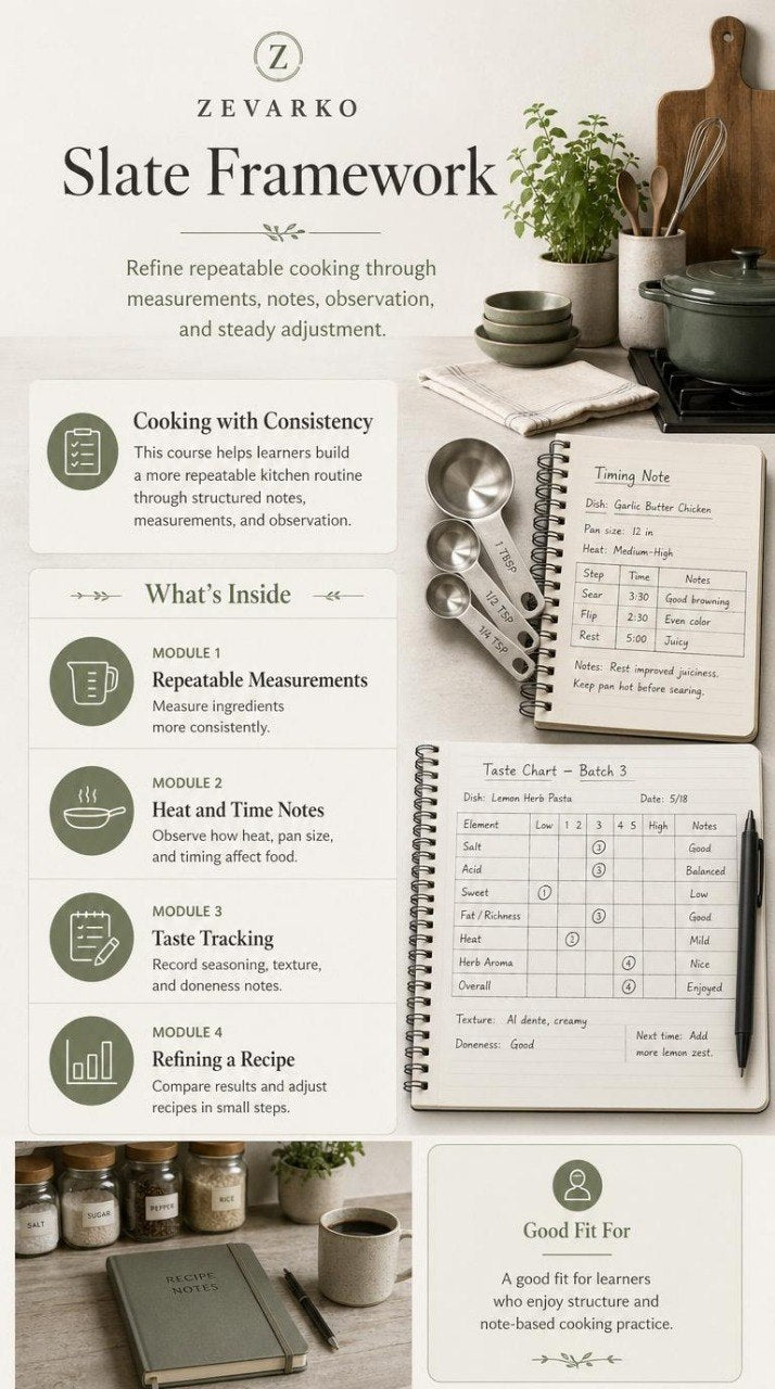 Zevarko Slate Framework cooking guide with kitchen items and a notebook.