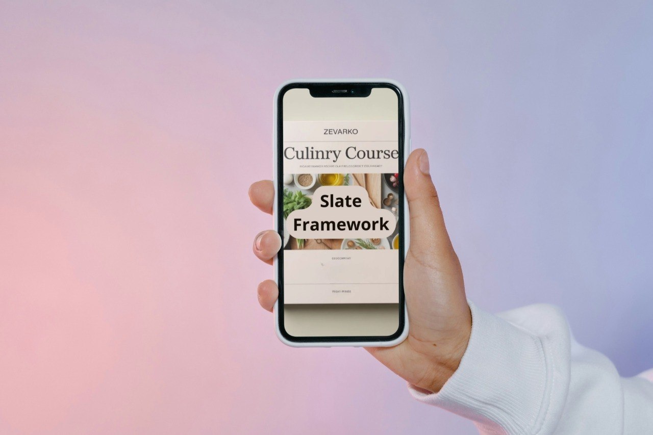 Hand holding a smartphone with a culinary course app on a gradient background